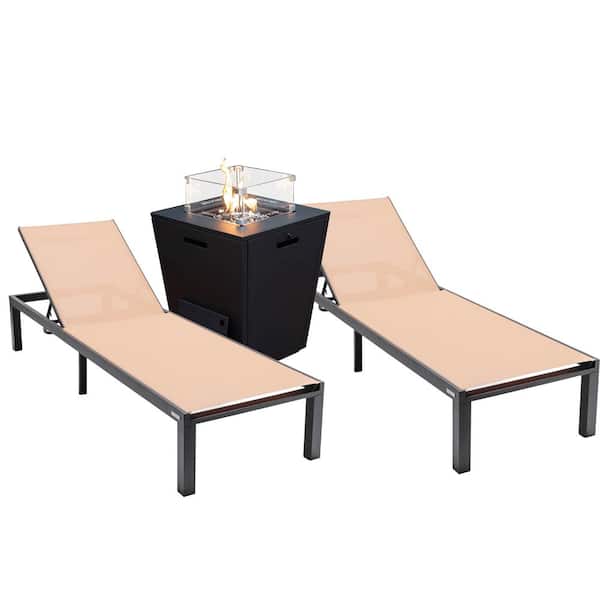 Leisuremod Marlin Modern Black Aluminum Outdoor Patio Chaise Lounge Chair Set of 2 with Fire Pit Table, Light Brown