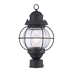 Catalina 15 in. 1-Light Black Outdoor Lamp Post Light Fixture with Seeded Glass