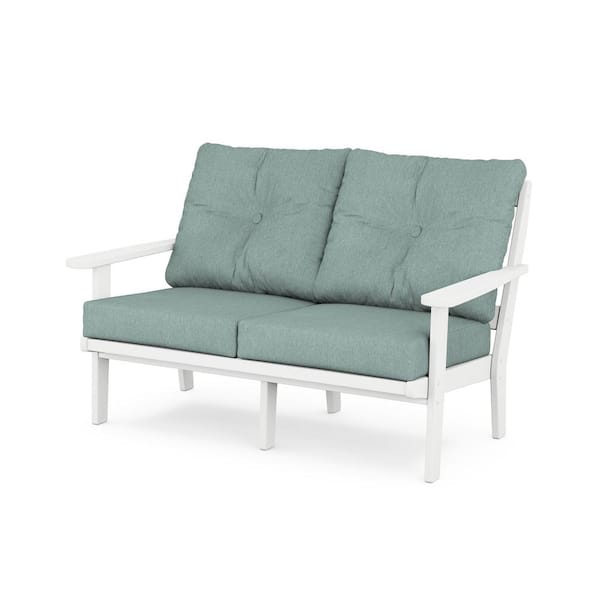 Trex Outdoor Furniture Cape Cod Deep Seating Plastic Outdoor Loveseat with in Classic White/Glacier Spa Cushions