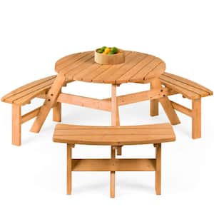 6-Person Natural Circular Wooden Picnic Table w/ Umbrella Hole, 3-Benches