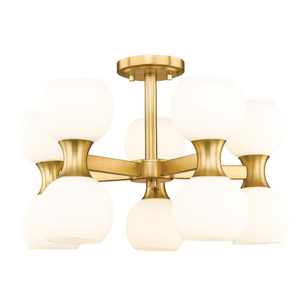 Unbranded Artemis 21 in 10 Light Modern Gold Semi Flush Mount Light with Matte Opal Glass Shade with No Bulbs Included