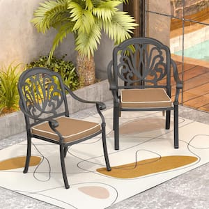 Black Stackable Cast Aluminum Patio Outdoor Dining Chairs with Random Color Seat Cushions (Set of 2)