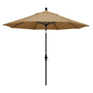 9 ft. Bronze Aluminum Pole Market Aluminum Ribs Collar Tilt Crank Lift Patio Umbrella in Linen Sesame Sunbrella
