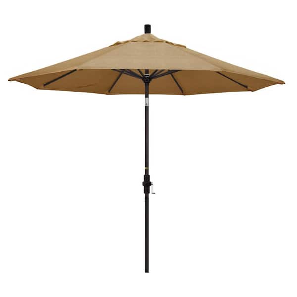 California Umbrella 9 ft. Bronze Aluminum Pole Market Aluminum Ribs Collar Tilt Crank Lift Patio Umbrella in Linen Sesame Sunbrella
