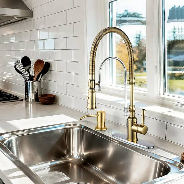 Single-Handle Deck-Mount Semi-Commercial Spring Pull-Down Sprayer Kitchen Faucet with Soap Dispenser in Gold and Chrome
