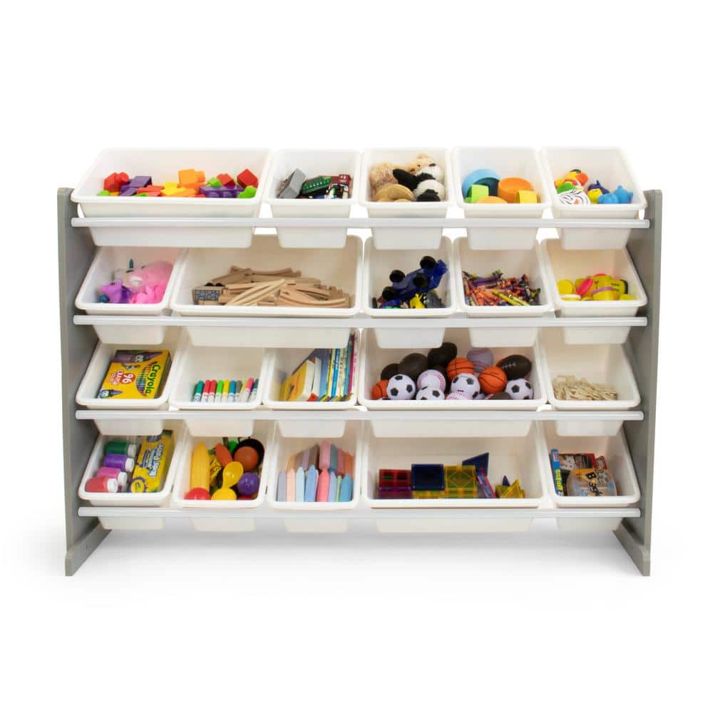 Extra Large Gray and White Engineered Wood Storage Organizer with 20 Bins
