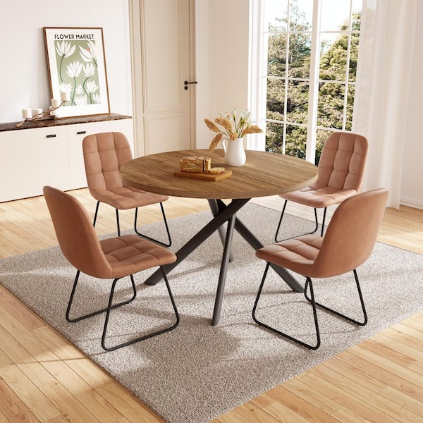 5-Piece Brown Chairs and Light Walnut Round Dining Table, Dining Table Set with 4 U-Shaped Chairs
