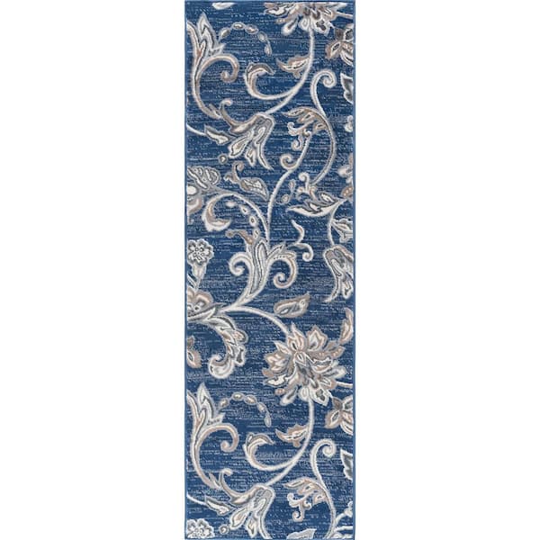 Tayse Rugs Madison Floral Navy 2 ft. x 10 ft. Indoor Runner Rug