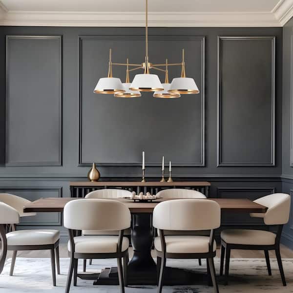 Idaikos Modern 5-Light Brass and White Chandelier Island Ceiling Light with Bell Shades for Living Room and Bedroom