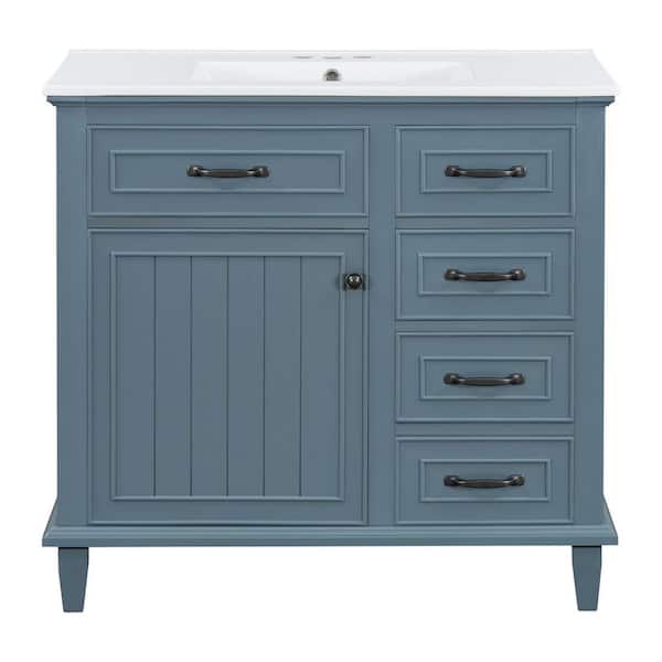 36 in. Single Sink Freestanding Blue Bath Vanity with White Ceramic Sink Top, Solid Wood Frame Storage Cabinet