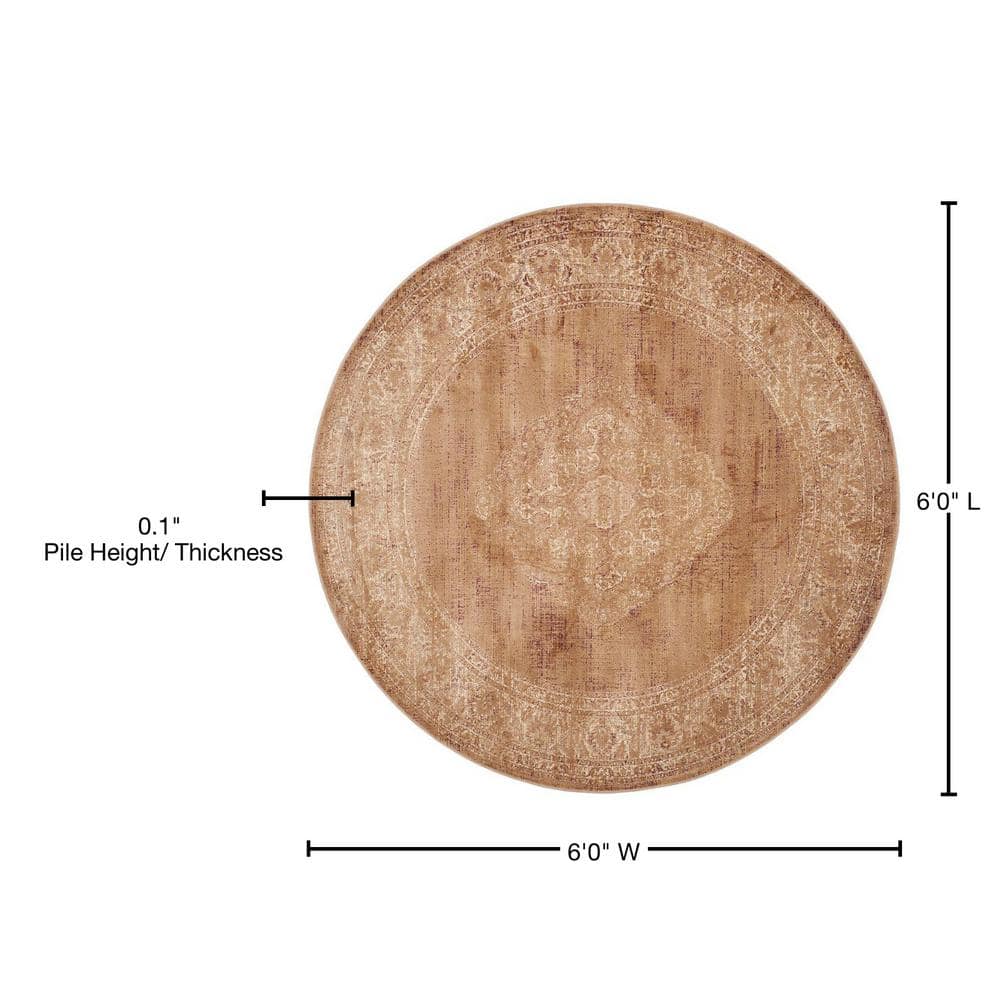 Taupe 6' x 6' Round Viscose Vintage Area Rug
