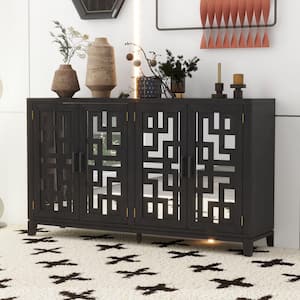 Espresso Retro Wood 60 in. 4-Door Mirrored Buffet Sideboard with Metal Pulls and Hollow-Mirrored Pattern