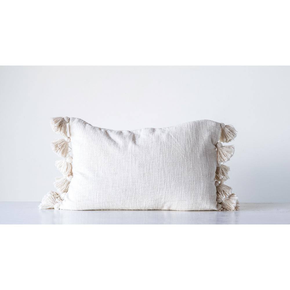 Cream Rectangular Cotton Slub Pillow with Tassels