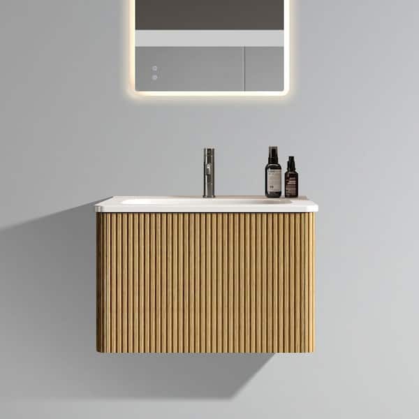 24 in. W x 18.3 in. D x 15.6 in. H Single Sink Wall-Mounted Bath Vanity in Oak with White Ceramic Top