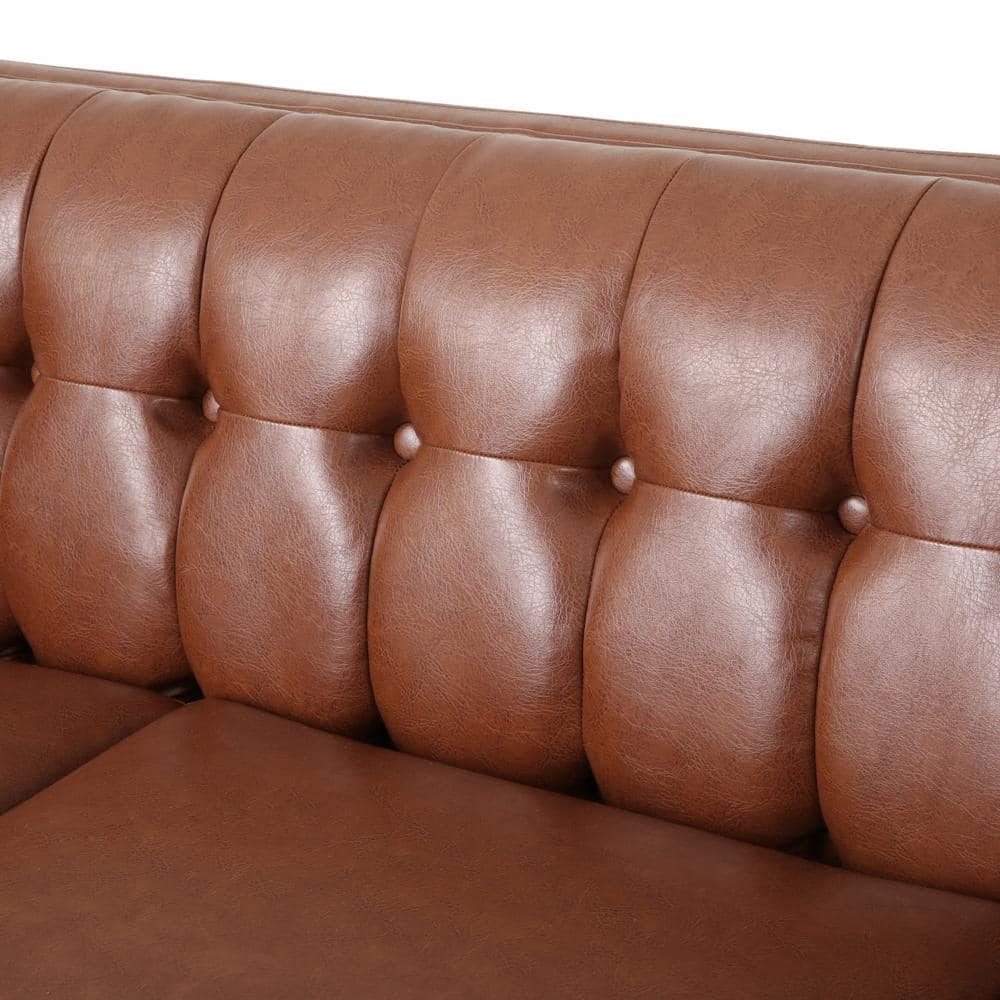 Cognac Brown Faux Leather Tufted Tuxedo Sofa with Wood Accents