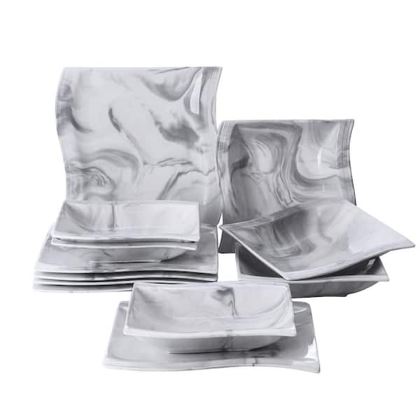 Flora 12-Piece Marble Gray Porcelain Square Dinner Plates and Soup Bowls (Service for 6)