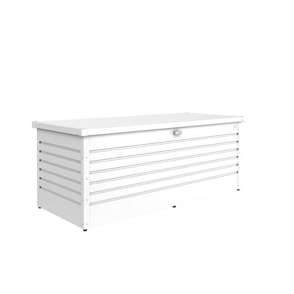 28 in. H x 71.3 in. W x 31.1 in. D Leisuretime 210 Gal. White Steel Deck Box