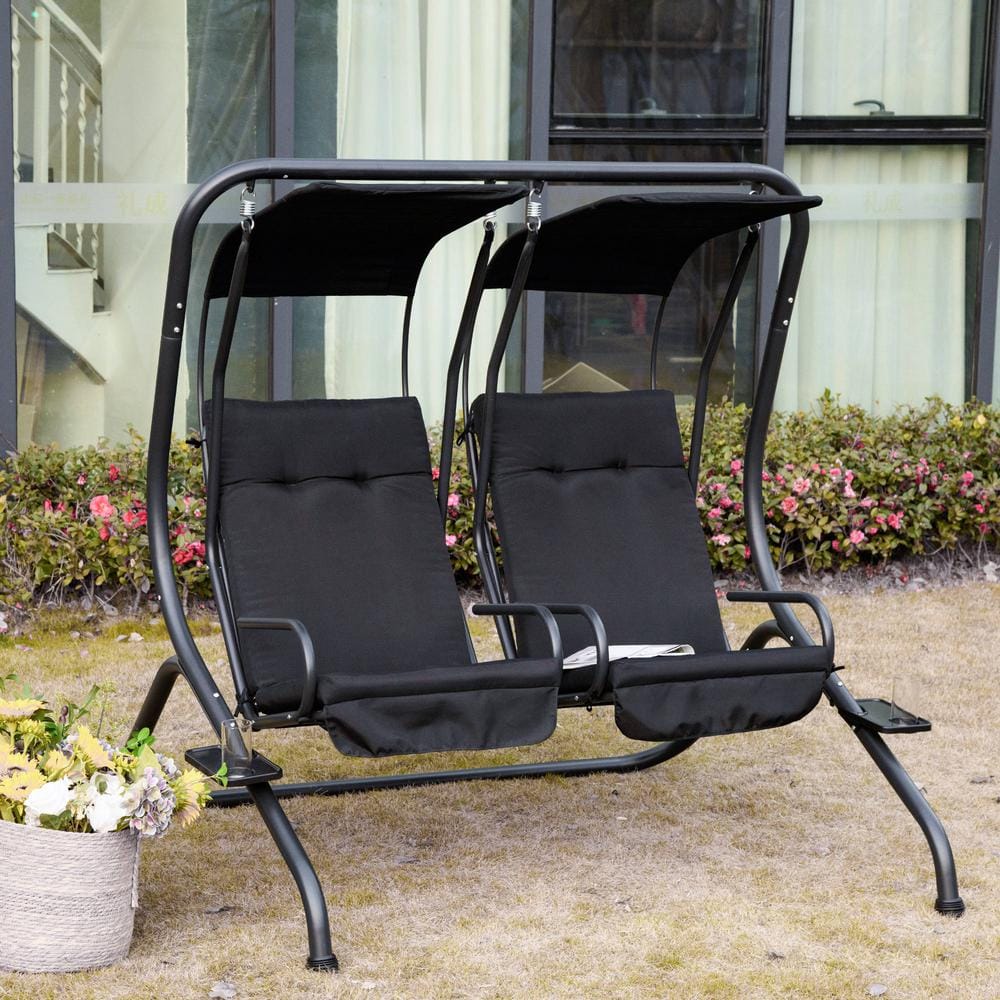 Modern Black Metal 2-Seater Outdoor Patio Swing Chair with Canopy