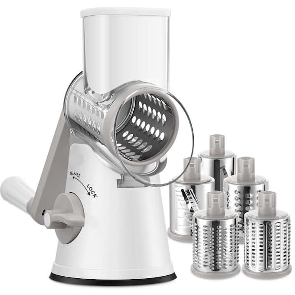 Stainless Steel Rotary Cheese Grater with 5 Interchangeable Blades, Strong Suction Base for Cheese, Nuts, Vegetables