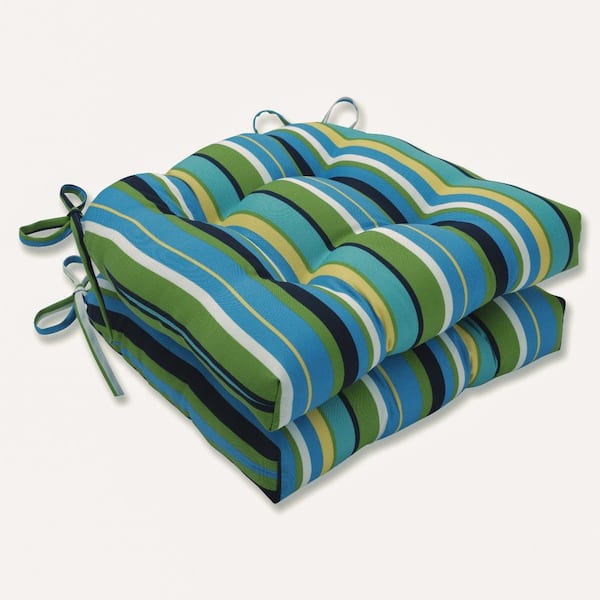 Pillow Perfect Striped 16 x 15.5 Outdoor Dining Chair Cushion in Blue/Green (Set of 2)