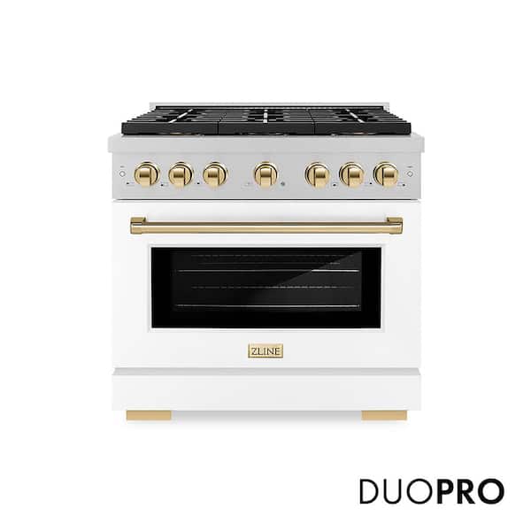 Autograph 36 in. 5.2 cu. ft. Dual Fuel Range with 6 Burner Cooktop in Satin Stainless Steel with White Matte and Gold
