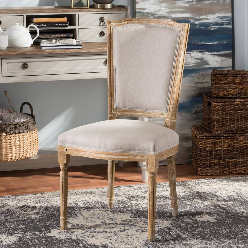 Beige Linen Upholstered Wood Parsons Side Chair