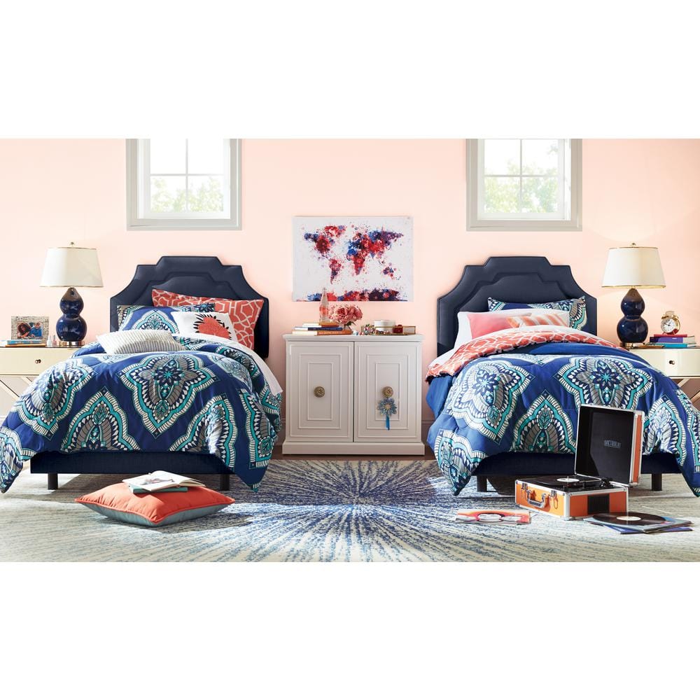 Navy Ceramic Double Gourd Table Lamp Set with Off-White Shades