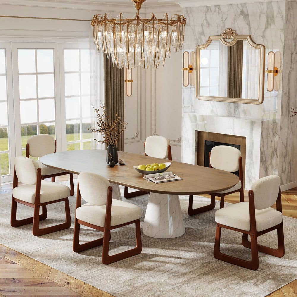 Set of 6 Beige Upholstered Dining Chair with Black Wood Legs and Linen Fabric, Modern Cream Style Kitchen Side Chair