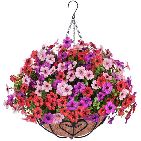 Afoxsos 20.5 in. Red Pink Purple Outdoor Artificial Daisy Eucalyptus Hanging Flower