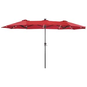 13 ft. x 7.2 ft. Steel Solar-Powered Double-Sided Market Patio Umbrella with Canopy Outdoor Table Umbrella in Chili Red