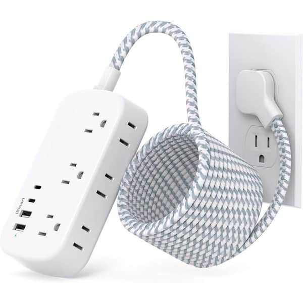 EKIEUDL 6-Outlet Flat Plug Power Strip with 4 USB Ports and On/Off Switch and 15 ft. Flat Extension Cord, White