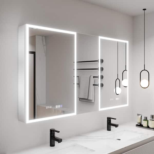 ExBrite Aura 52 in.W x 30 in.H Rectangular Aluminum Recessed/Surface Mount Dual Swing Medicine Cabinet with Mirror LED