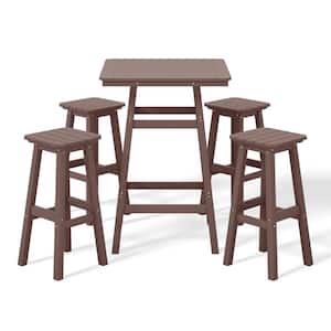 Laguna 5-Piece Fade Resistant HDPE Plastic Outdoor Patio Square Bar Height Pub Set, Matching Barstools in Dark Brown