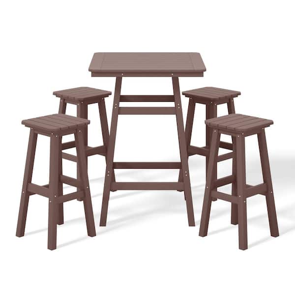 WESTIN OUTDOOR Laguna 5-Piece Fade Resistant HDPE Plastic Outdoor Patio Square Bar Height Pub Set, Matching Barstools in Dark Brown