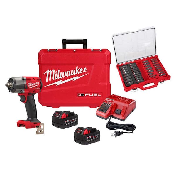 Milwaukee M18 FUEL 18V Lith-Ion Brushless Cordless 1/2 in. Mid-Torque Impact Wrench with Resistant Batteries & Impact Socket Set