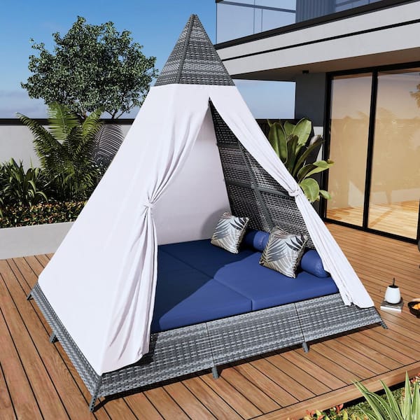 Harper & Bright Designs Tent Shape Gray Wicker Outdoor Day Bed with Blue Cushion and Colorful Pillows