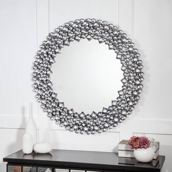 THKSHOUZ Silver 34 in. W x 34 in. H Modern Round Glass Framed