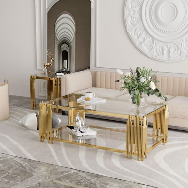 51 in. Clear Rectangle Glass Coffee Table, Tempered Glass and Stainless Steel Legs, 2-Tier Center Table for Living Room