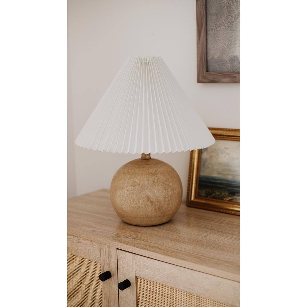 Beige Wood Finish Round Resin Bedside Table Lamp with Linen Shade