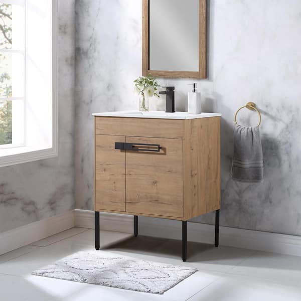 Unbranded 30 in. W x 18 in. D x 35 in. H Freestanding or Floating Bath Vanity in Imitative Oak with White Ceramic Top