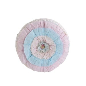 Dainty Spring Floral Dot Pastel Ruffle Bloomer Pink Blue Peach Cotton 16" x 16" x 4"inRound Decor Throw Pillow(Set of 1)