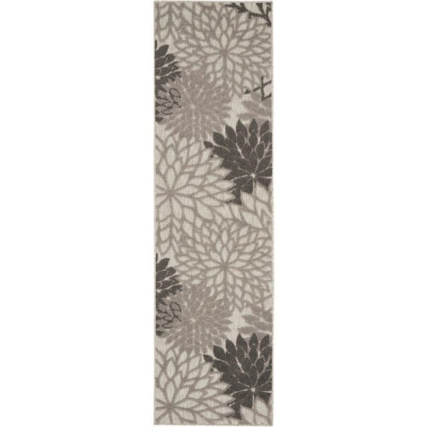 Nourison Aloha Gray 2 ft. x 8 ft. Kitchen Runner Floral Modern Indoor/Outdoor Patio Area Rug
