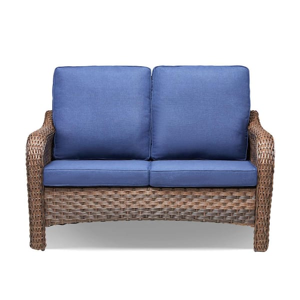 1-Piece Wicker Patio Conversation Set Outdoor Loveseat, Lounge Sofa with Blue Cushions