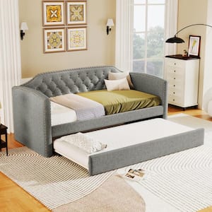 Gray Twin Size Linen Upholstered Daybed with Trundle, Diamond Tufted, Nailhead Trim