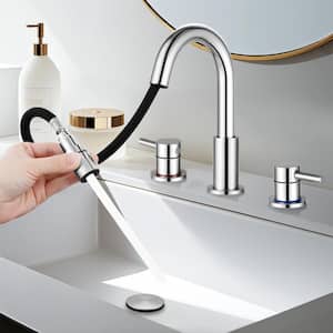 Double Handles 8 in. Widespread Bathroom Sink Faucet 3 Hole with Pull Out Sprayer with Pop-Up Drain in Polish Chrome
