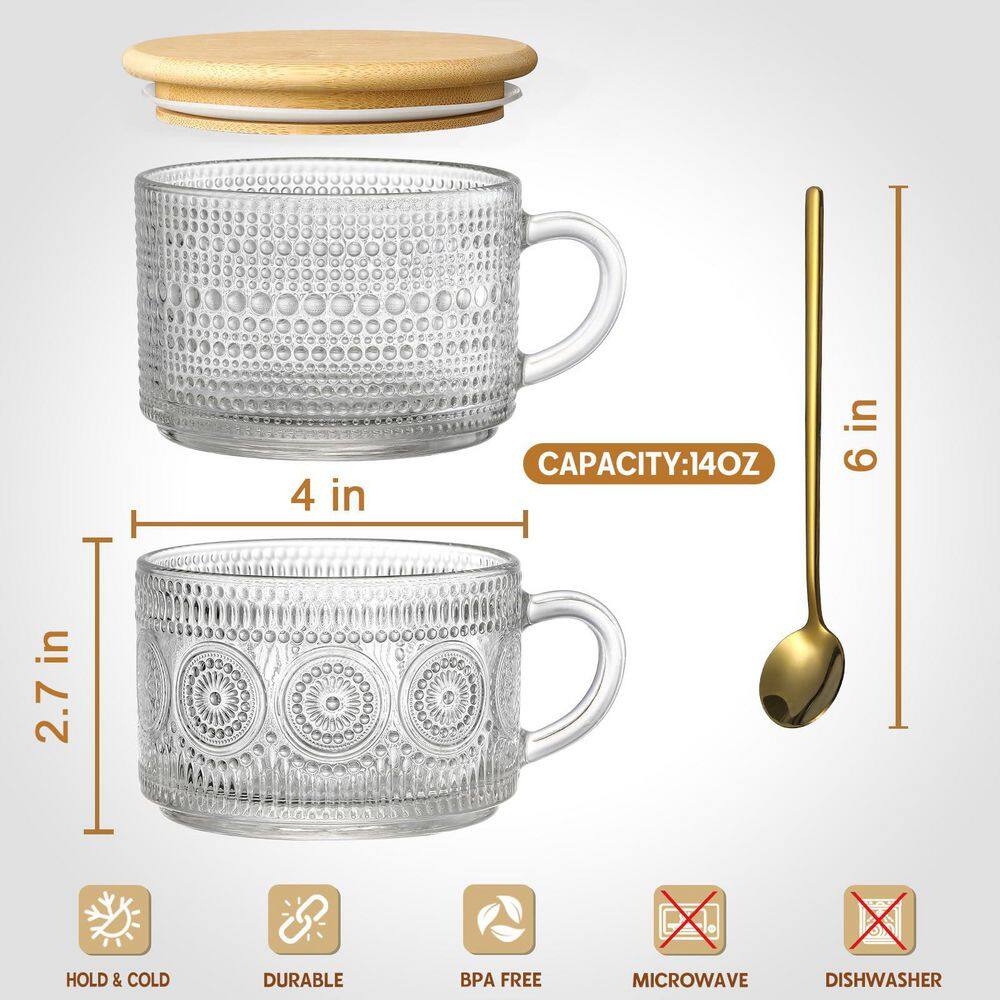 14 oz. Patterned Clear Glass Mug Set with Bamboo Lids and Golden Spoons, Decorative Kitchenware for Breakfast and Drinks - Thumbnail 2