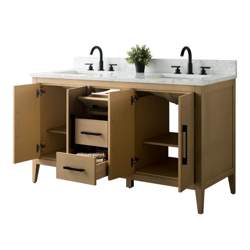 60" Natural Oak Double Sink Bathroom Vanity with Marble Top