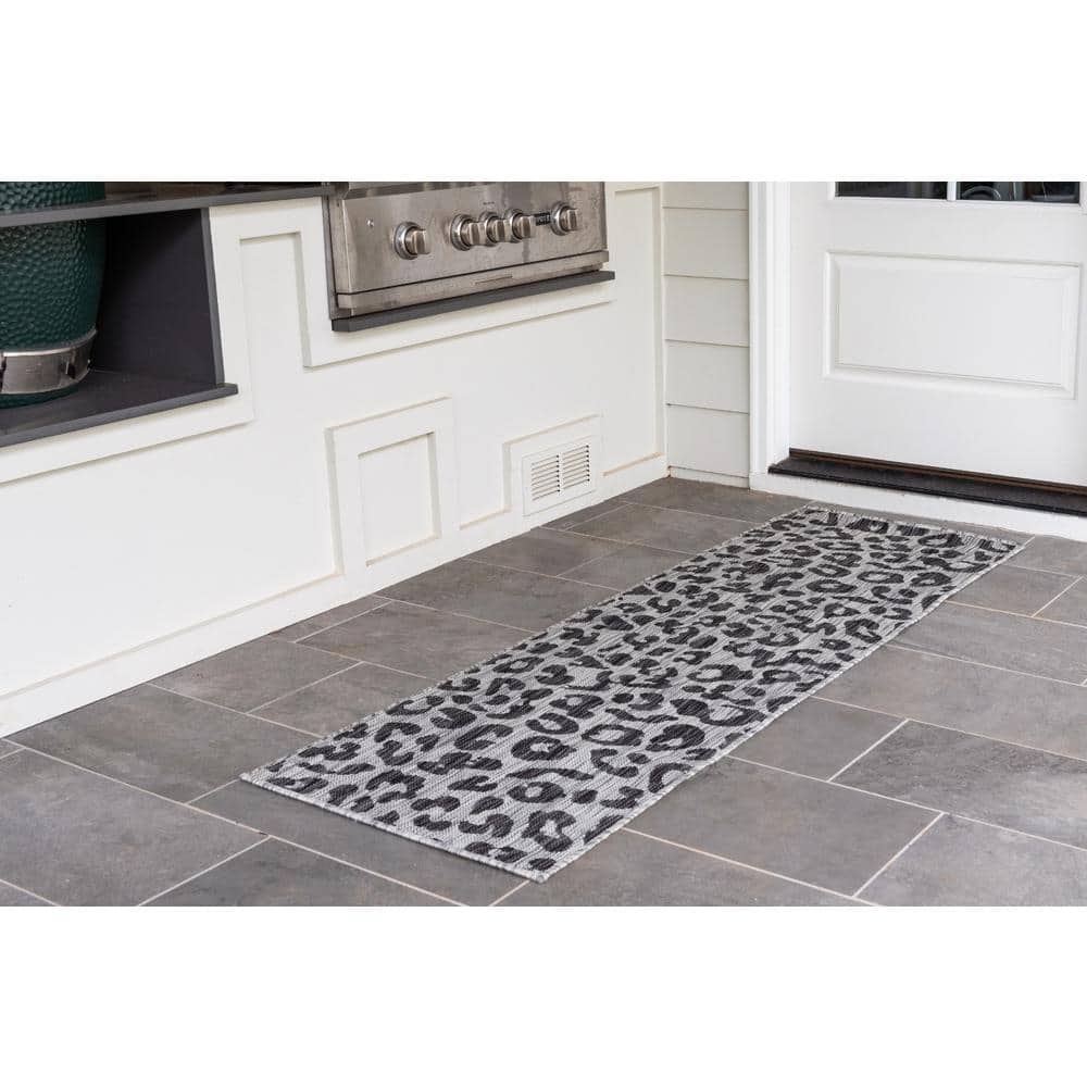 Light Gray and Black Abstract Animal Print Outdoor Runner Rug