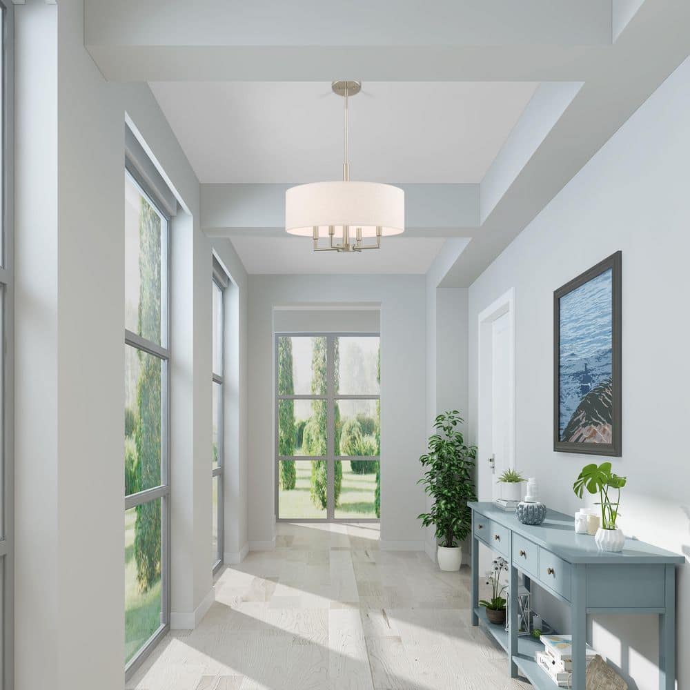 Mini Meridian 4-Light Brushed Nickel Pendant with Oatmeal Shade
