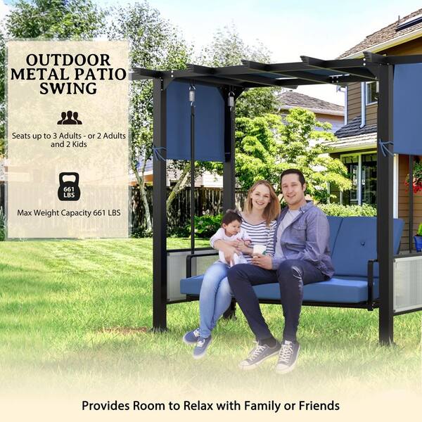 VEIKOUS Navy Blue 3-Person Metal Porch Swing with Retractable